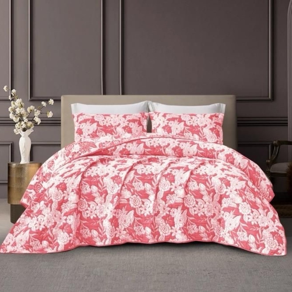 CHARLOTTE FLOWERS PINK COLOR DECORATIVE BEDSPREAD SET 3 PCS QUEEN SIZE